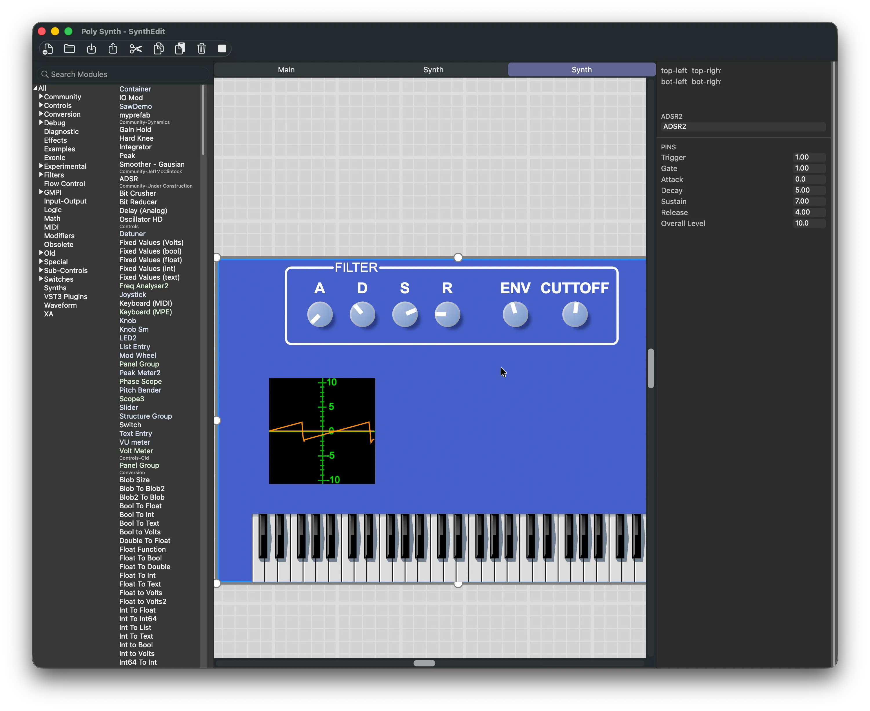 SynthEdit panel designer showing a custom plugin GUI with filter knobs, ADSR controls and a piano keyboard