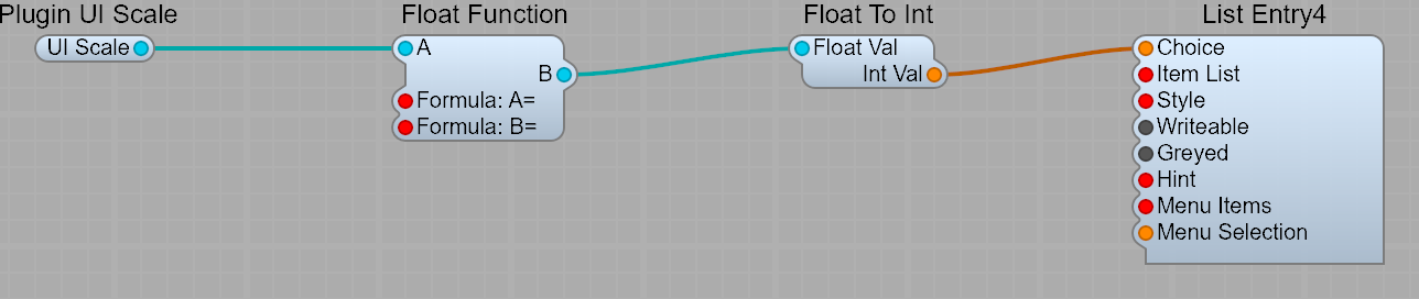 Structure view: a Plugin UI Scale module's UI Scale pin connects to a Float Function module's A pin; Float Function's B output goes to a Float To Int module, whose Int Val output goes to the Choice pin of a List Entry4 sub-control