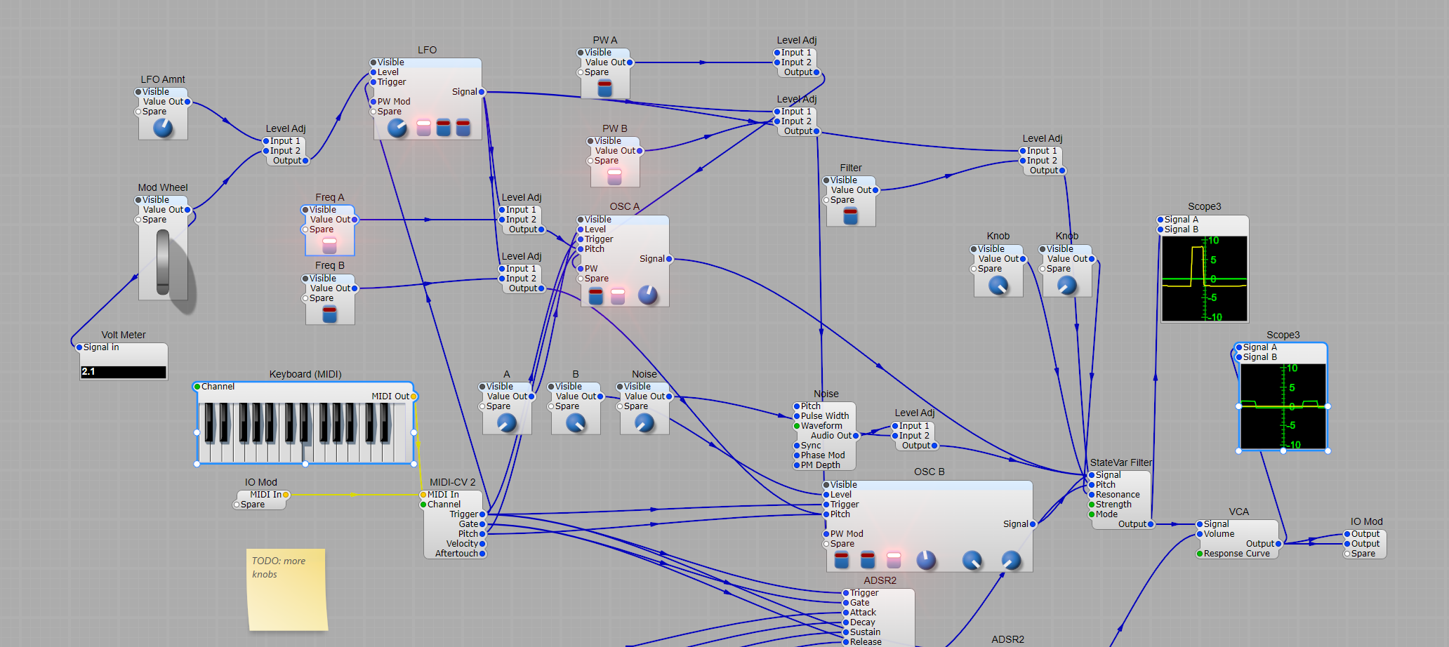 SynthEdit structure view — a modular synthesizer patch with oscillators, filter, MIDI keyboard and output modules connected by signal cables