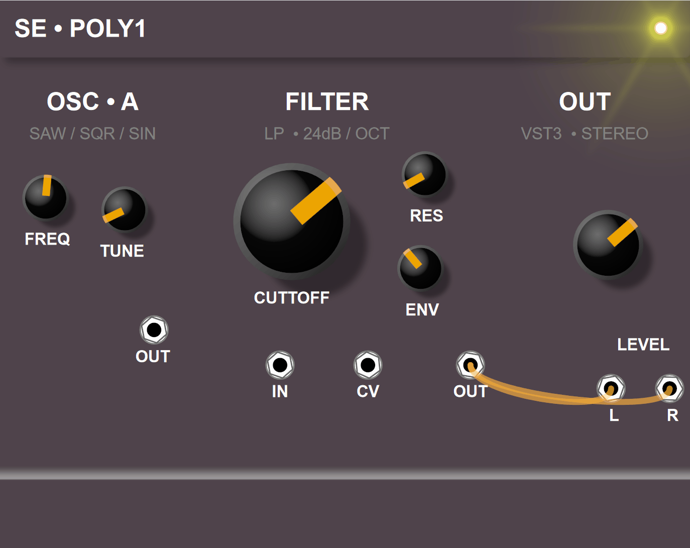 SynthEdit screenshot showing a modular synthesizer patch with oscillators, filter and output modules